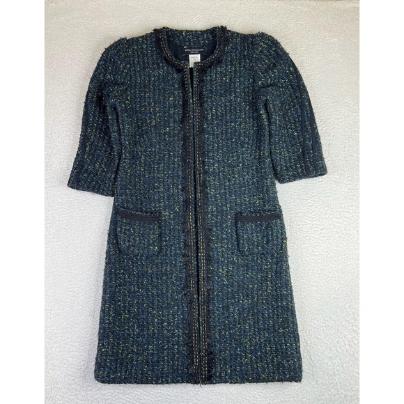 Eva Culture Jackets & Blazers - Eva Culture Womens 38 Blue Tweed Wool Zip Front 3/4 Sleeve Fringe Pocket Coat